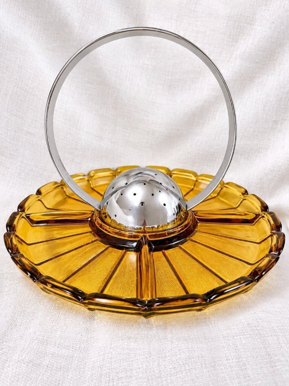 Vintage Cambridge Glass 3400/862 Amber 4-Part Relish Dish Chrome Handle Art Deco